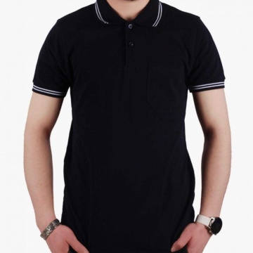 Polo Yaka Kol Bantlı Lakos Siyah Tişört